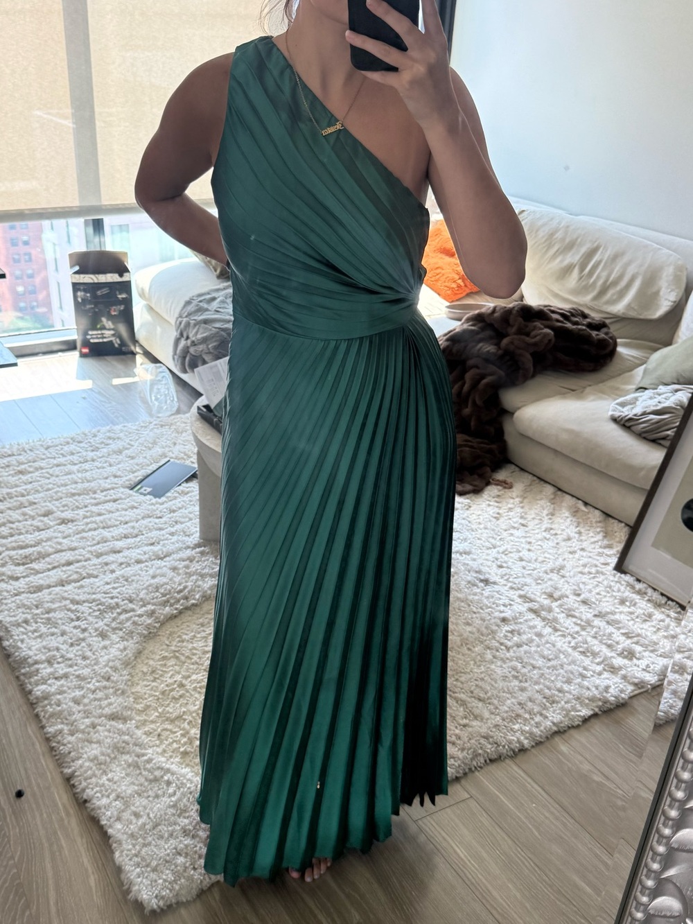 Abercrombie & Fitch One-Shoulder Emerald Green Pleated Gown